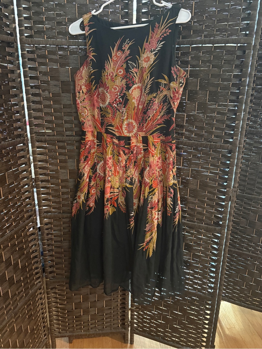 David Meister Black Midi Dress with Red and Gold Floral Print